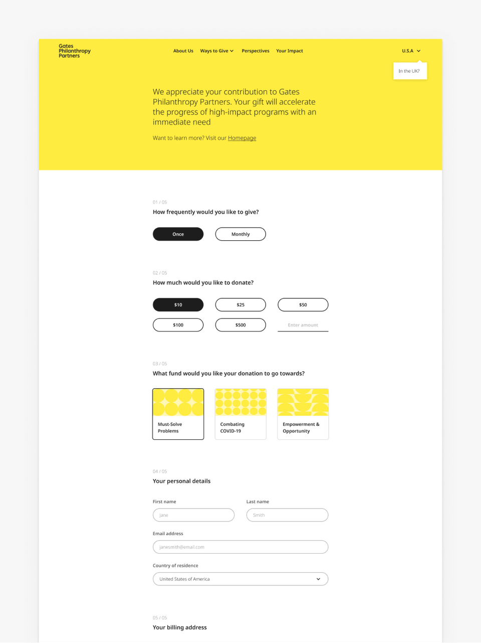 Donation page showing parts of the giving process.