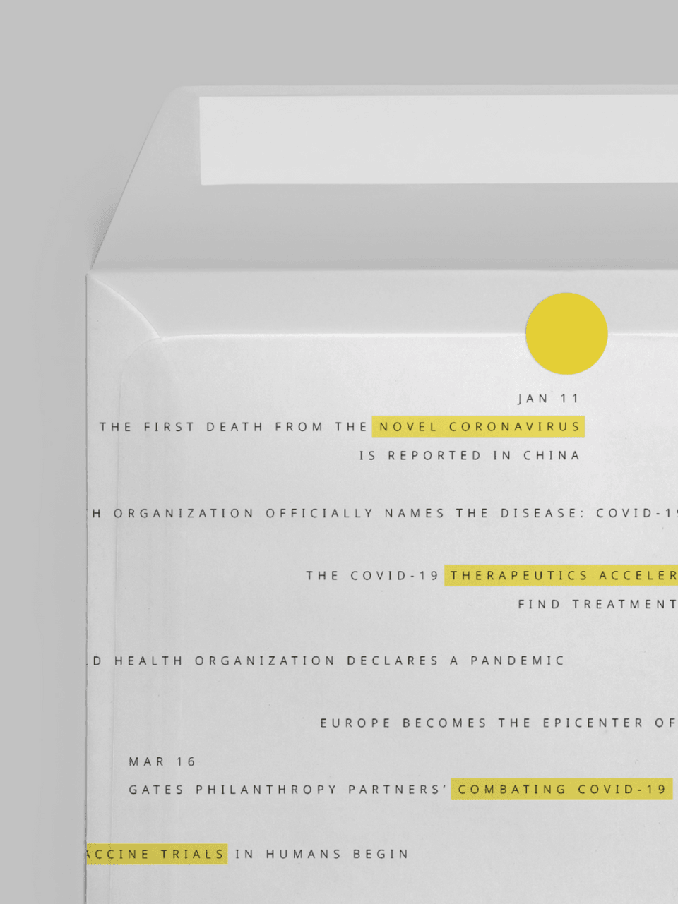 Close-up of section of white envelope with text and words highlighted in yellow, including novel coronavirus and vaccine trials.