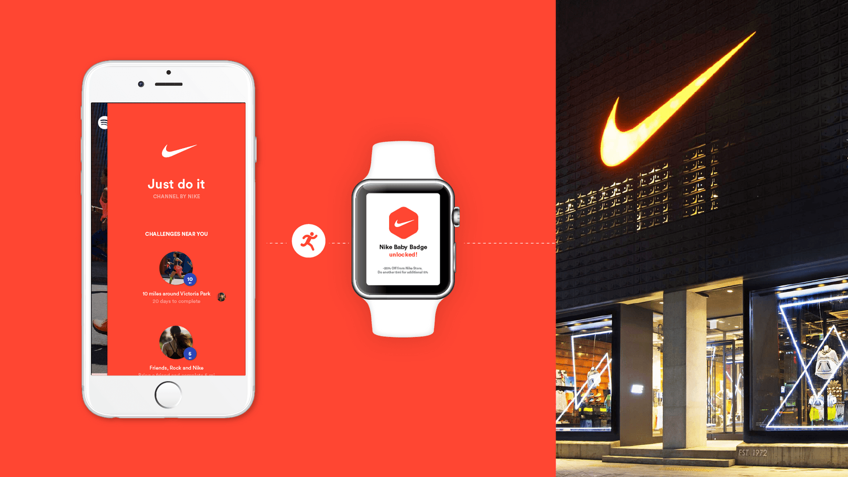 Mock-up of smartphone screen, smartwatch, and Nike store front.
