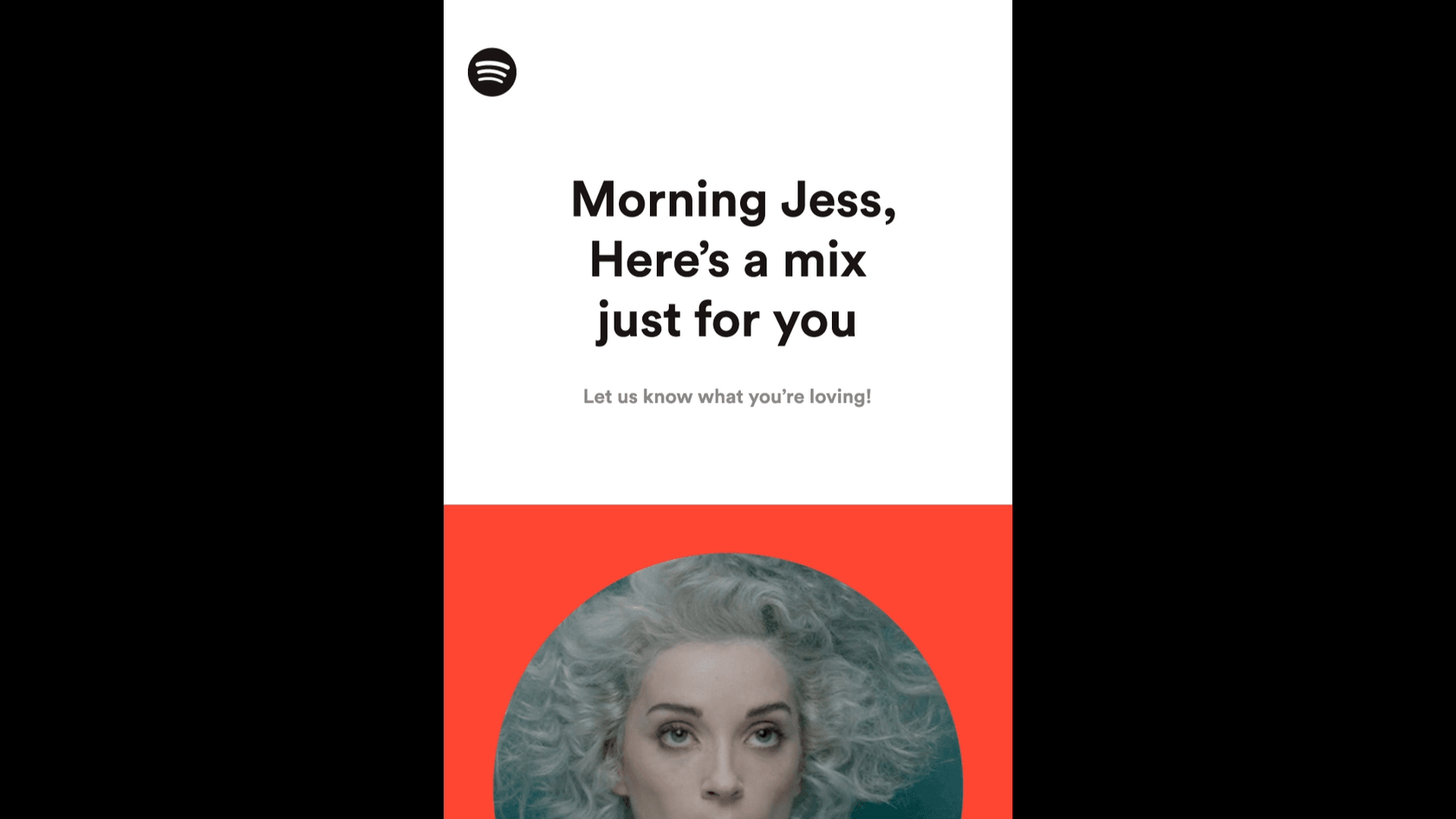 Spotify interface. Text reads morning Jess, here’s a mix just for you.